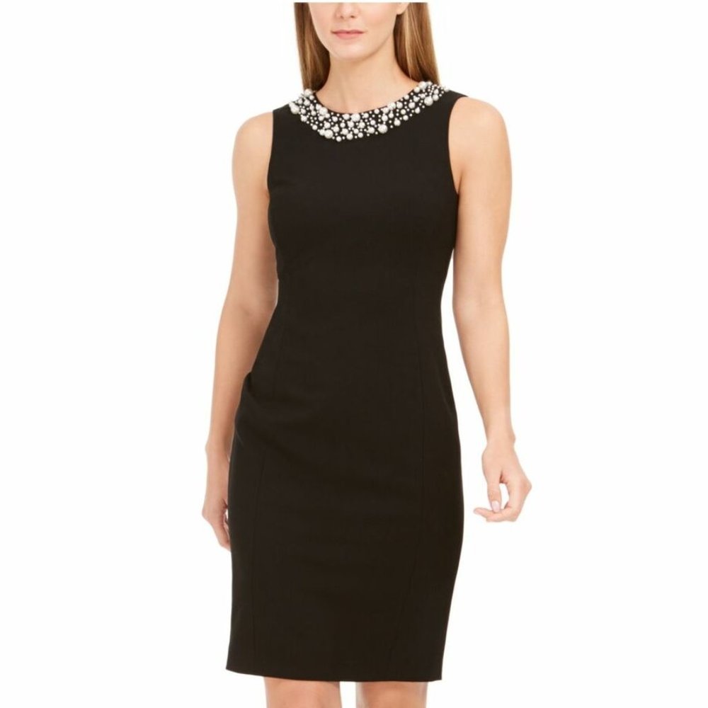 Calvin Klein Womens Sheath Dress Black 8P & 10P Faux-Pearl-Neck